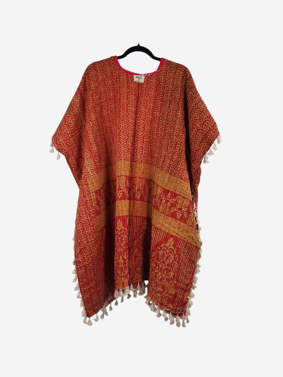 She Lives Beauty short sleeve kimono in red vintage kantha cotton with cream fringe trim and bohemian patterns