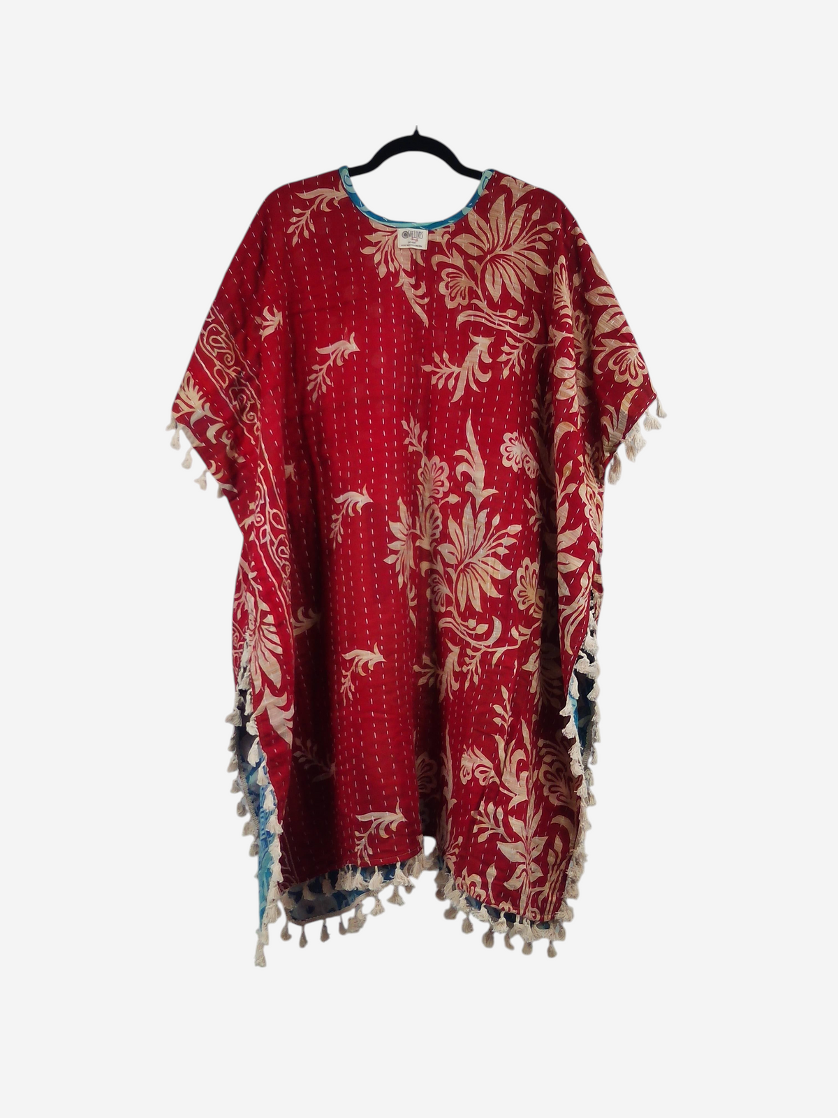She Lives Beauty red floral kantha kimono with short sleeves and fringe trim made from vintage cotton sari fabric