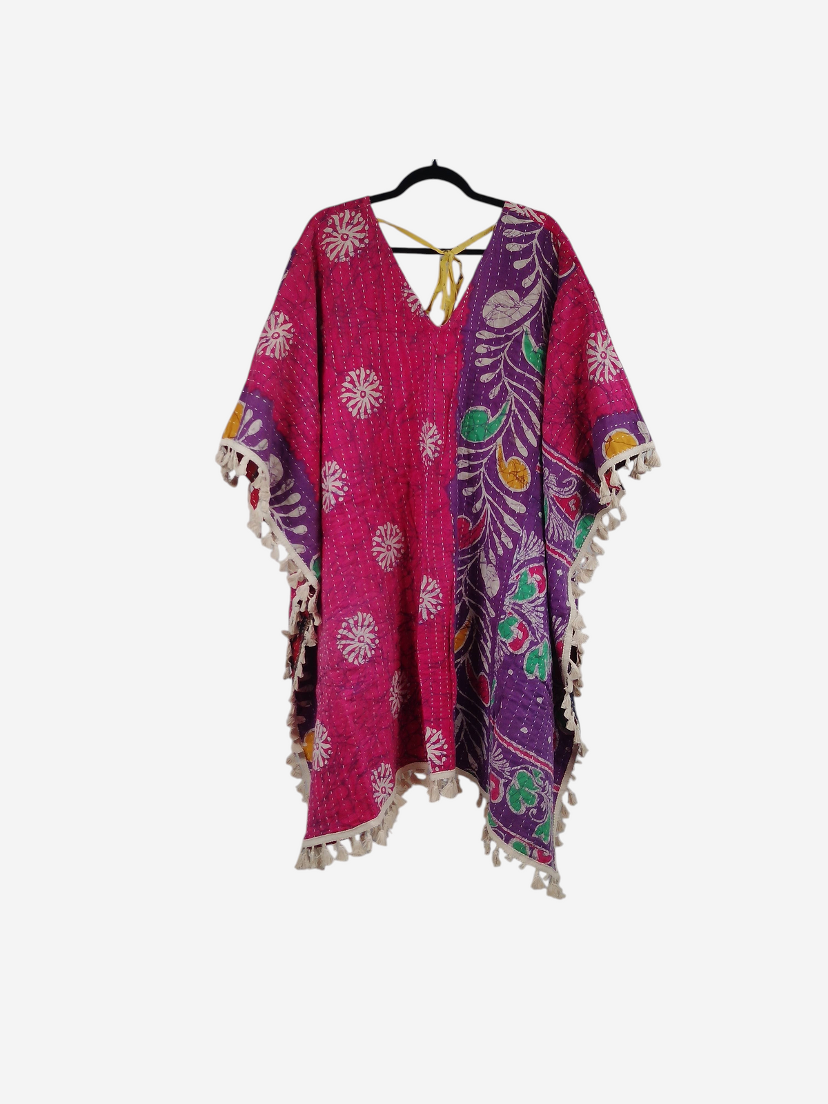 She Lives Beauty reversible kantha kimono in pink and purple vintage cotton with floral patterns and fringe trim
