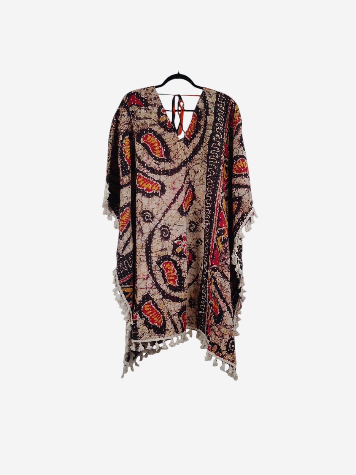 She Lives Beauty reversible long sleeve Willow fringe kimono in vintage cotton sari fabric with boho batik print