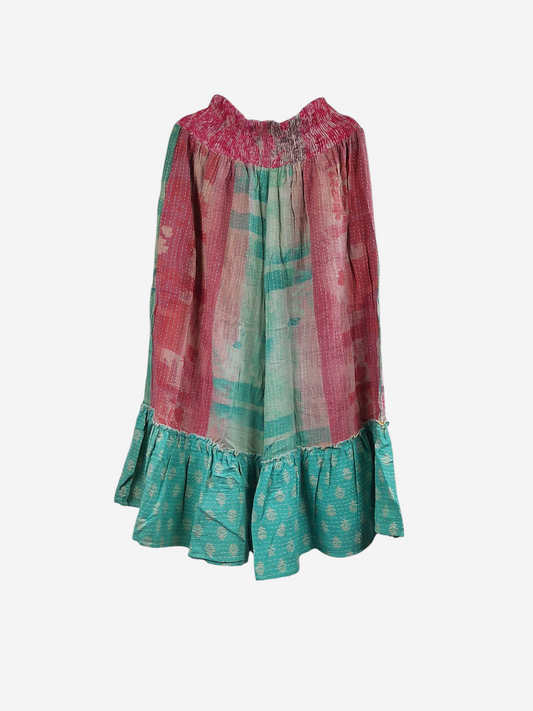 She Lives Beauty Anything for Selenas pants in vintage kantha cotton with pink and teal patchwork and ruffle hem.
