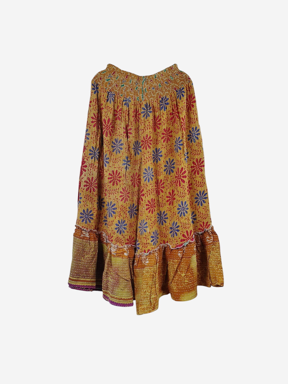 She Lives Beauty Anything for Selenas pants in yellow vintage kantha cotton with floral print and ruffled hem
