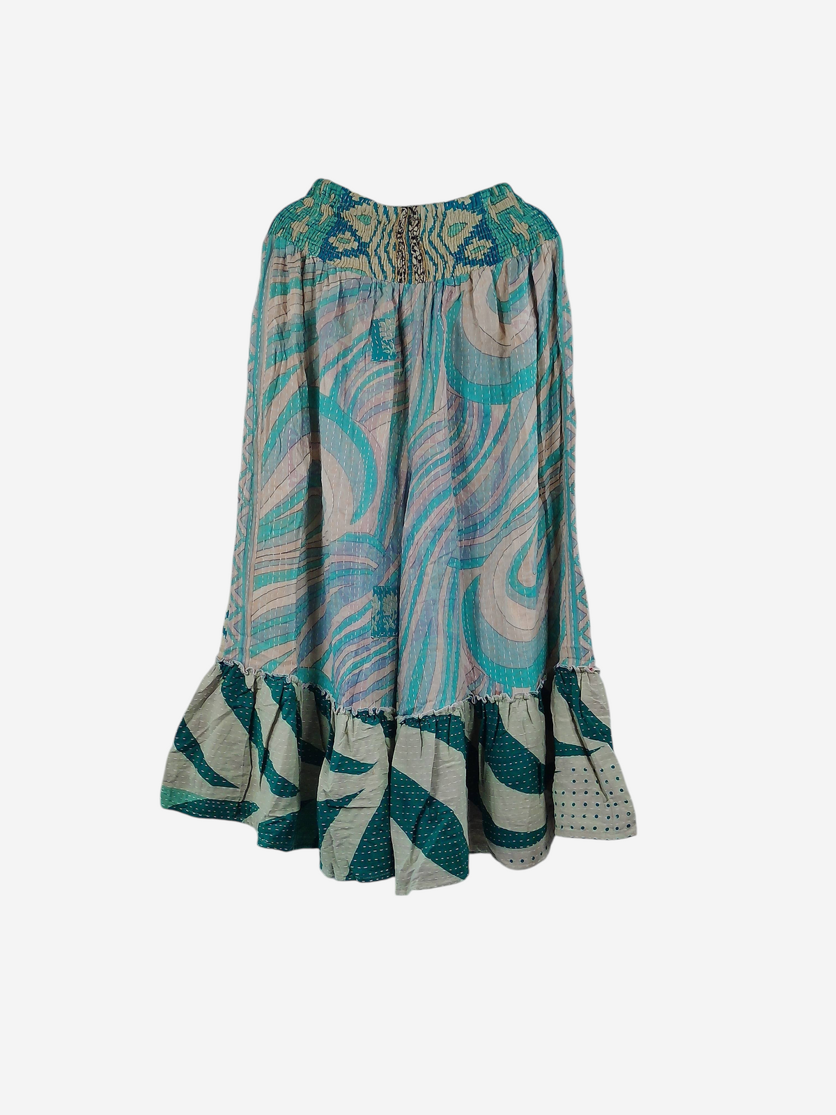 She Lives Beauty Anything for Selenas Pants in vintage kantha cotton with blue and teal swirling patterns and ruffle