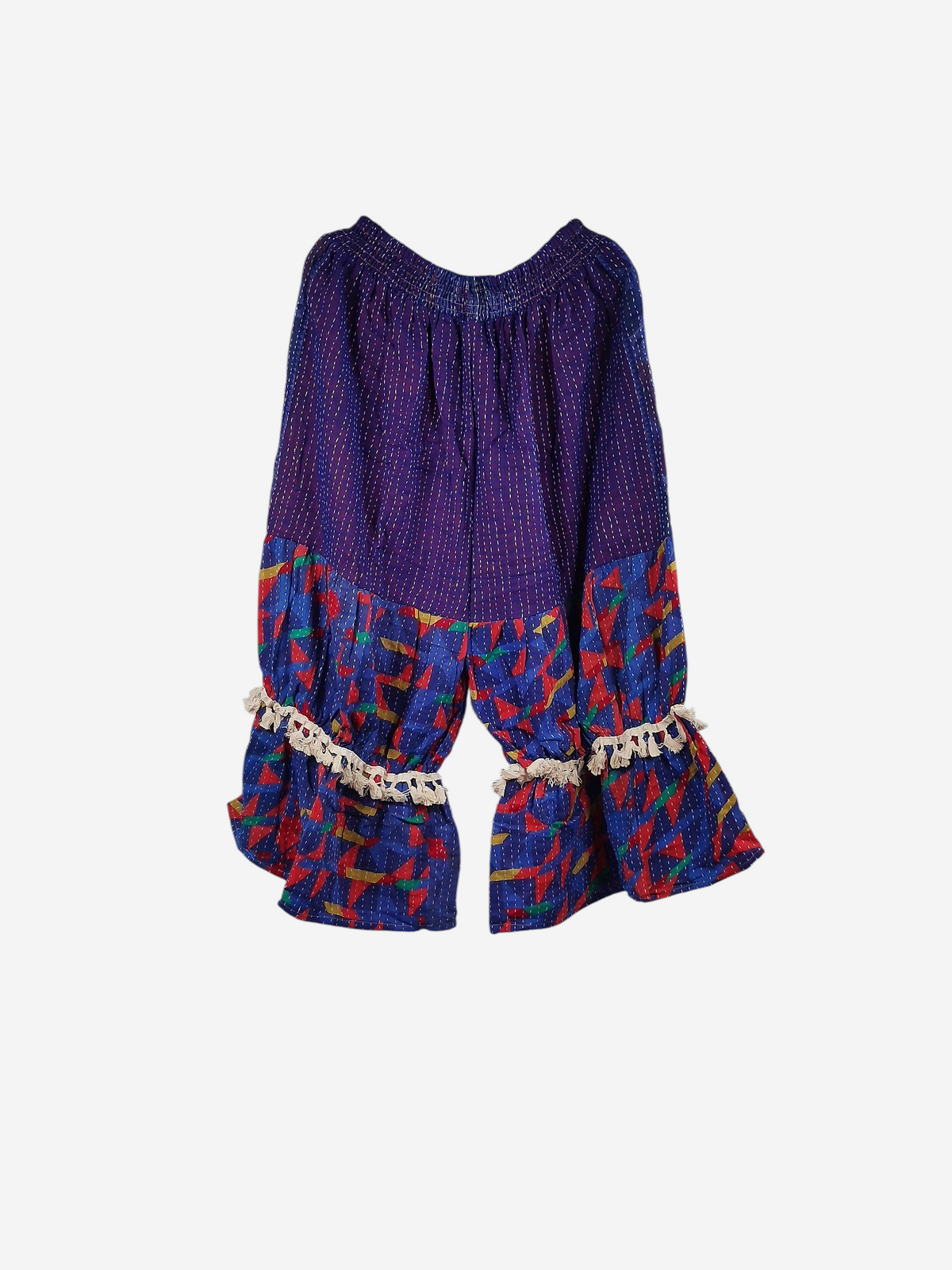 She Lives Beauty Heritage Whisper Kantha bloomers in purple vintage cotton sari fabric with colorful geometric patterns