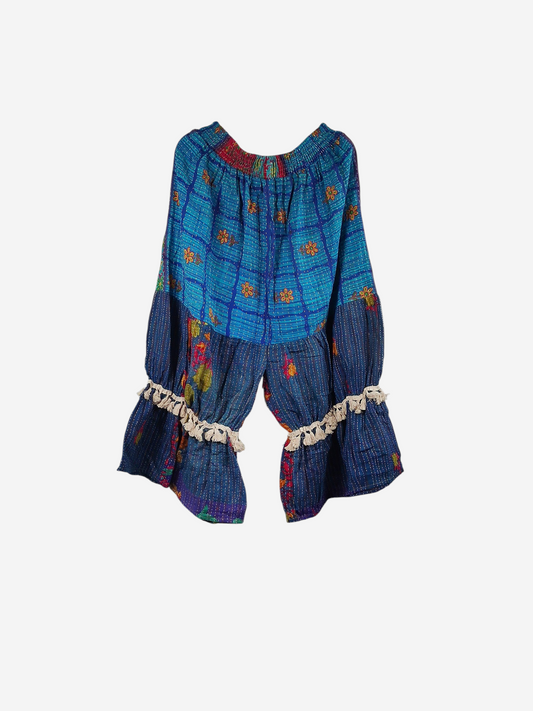 She Lives Beauty Heritage Whisper Kantha bloomers in blue vintage cotton sari fabric with tassel trim and stitching.