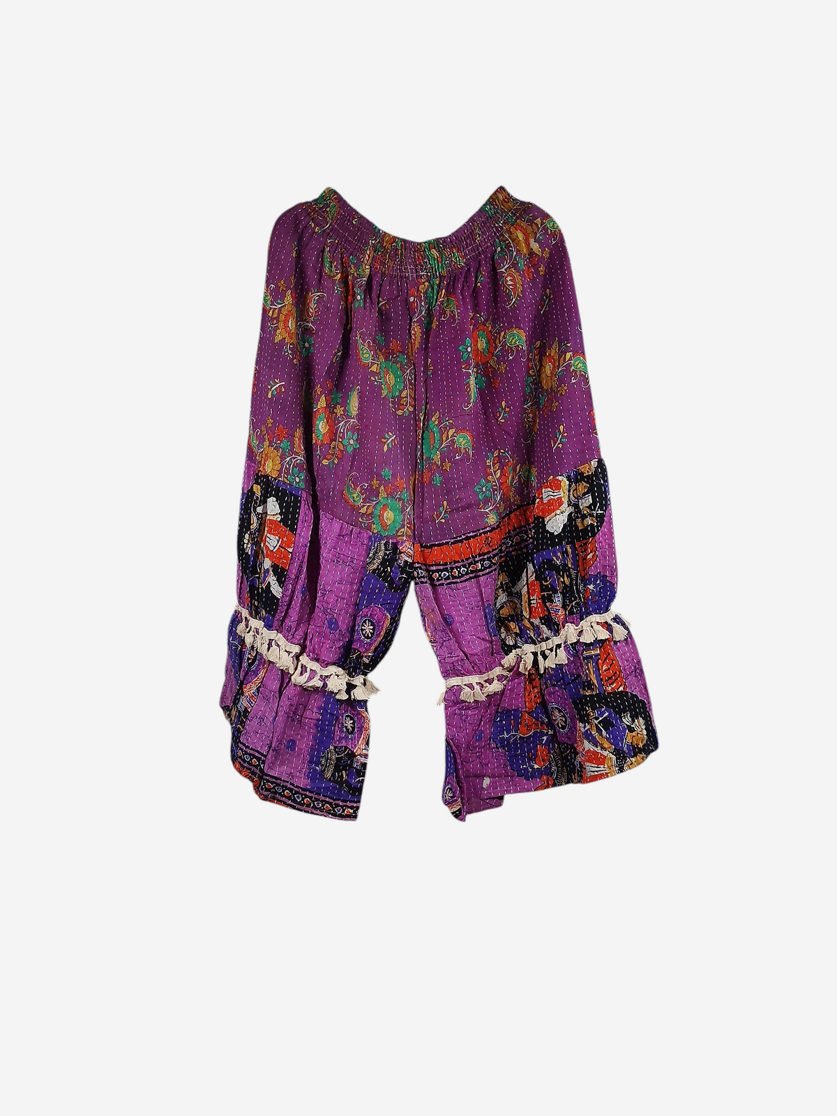 She Lives Beauty Heritage Whisper Kantha bloomers in purple vintage cotton sari fabric with traditional stitching