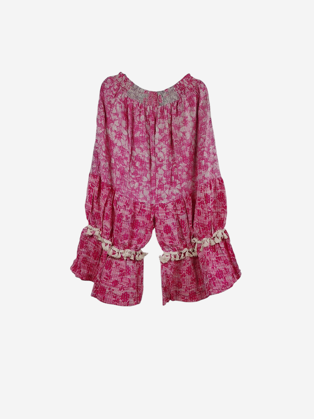 She Lives Beauty Heritage Whisper Kantha bloomers in pink vintage cotton sari fabric with tassel trim details.