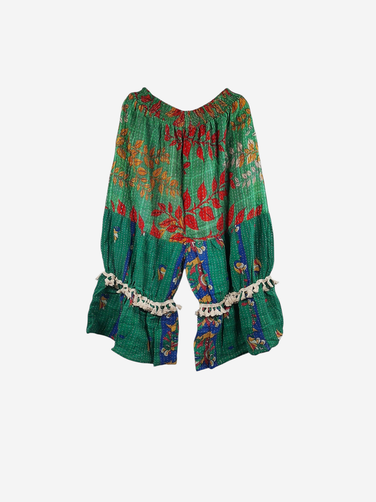 She Lives Beauty Heritage Whisper Kantha bloomers in green vintage cotton sari fabric with boho ruffled trim details.