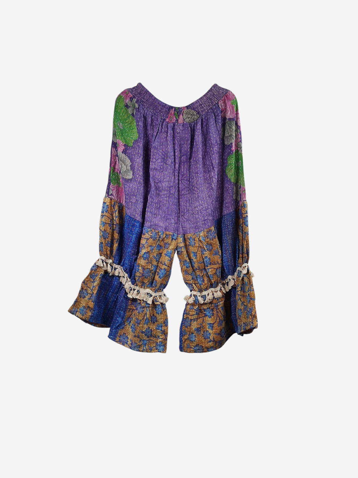 She Lives Beauty Heritage Whisper Kantha bloomers in purple and blue vintage cotton sari fabric with tassel trim.