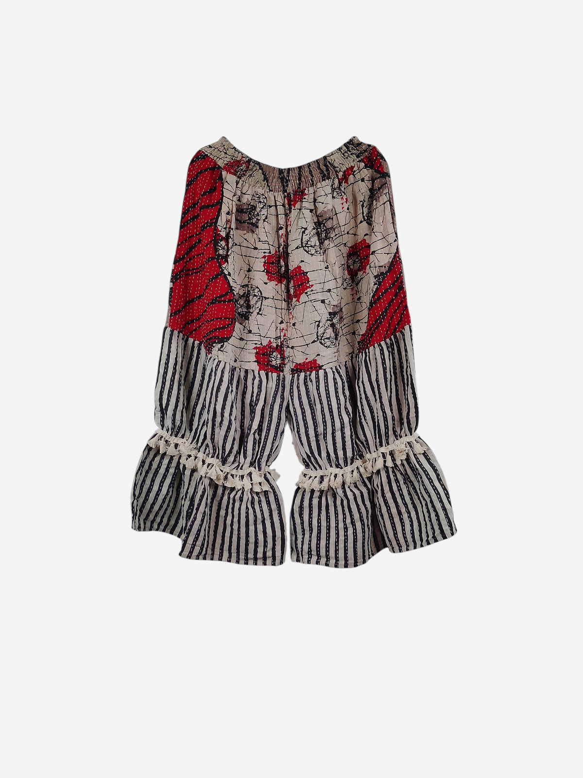 She Lives Beauty Heritage Whisper Kantha bloomers in vintage cotton with red floral and black striped patchwork patterns.