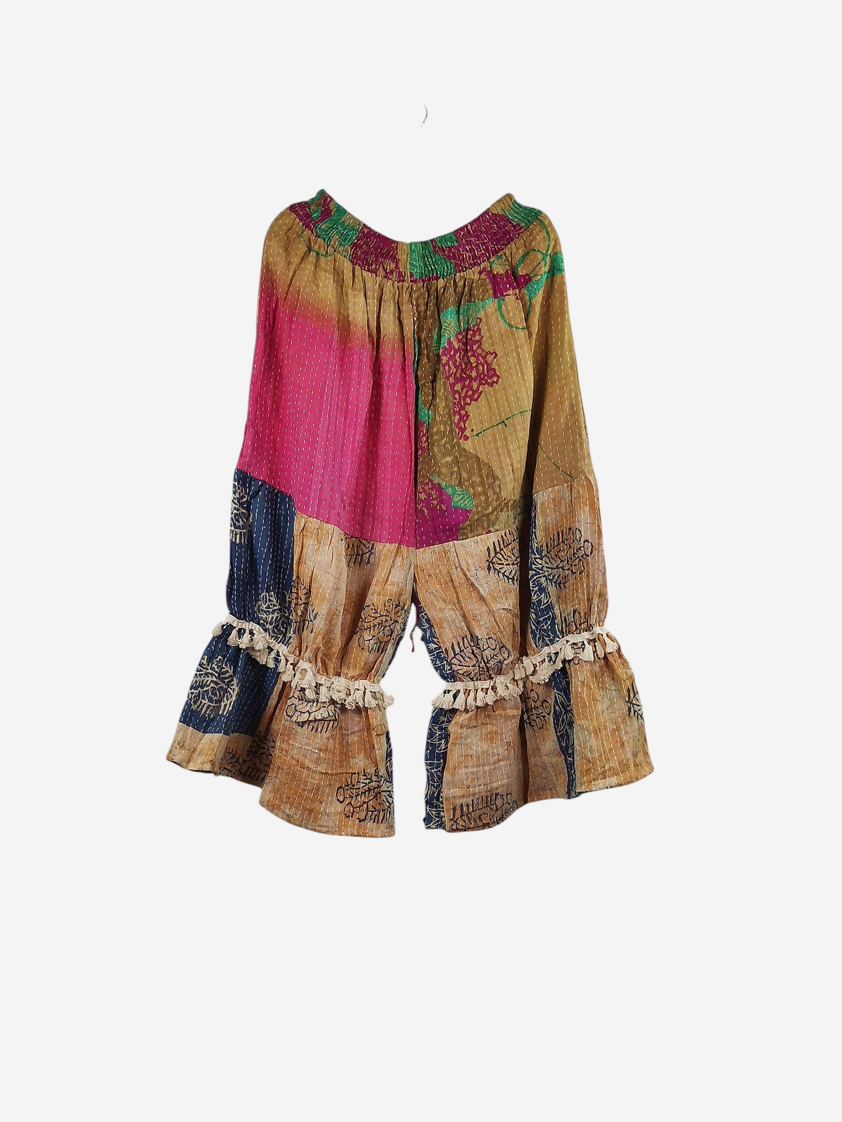 She Lives Beauty Heritage Whisper Kantha bloomers made from vintage cotton saris with colorful patchwork and ruffles.