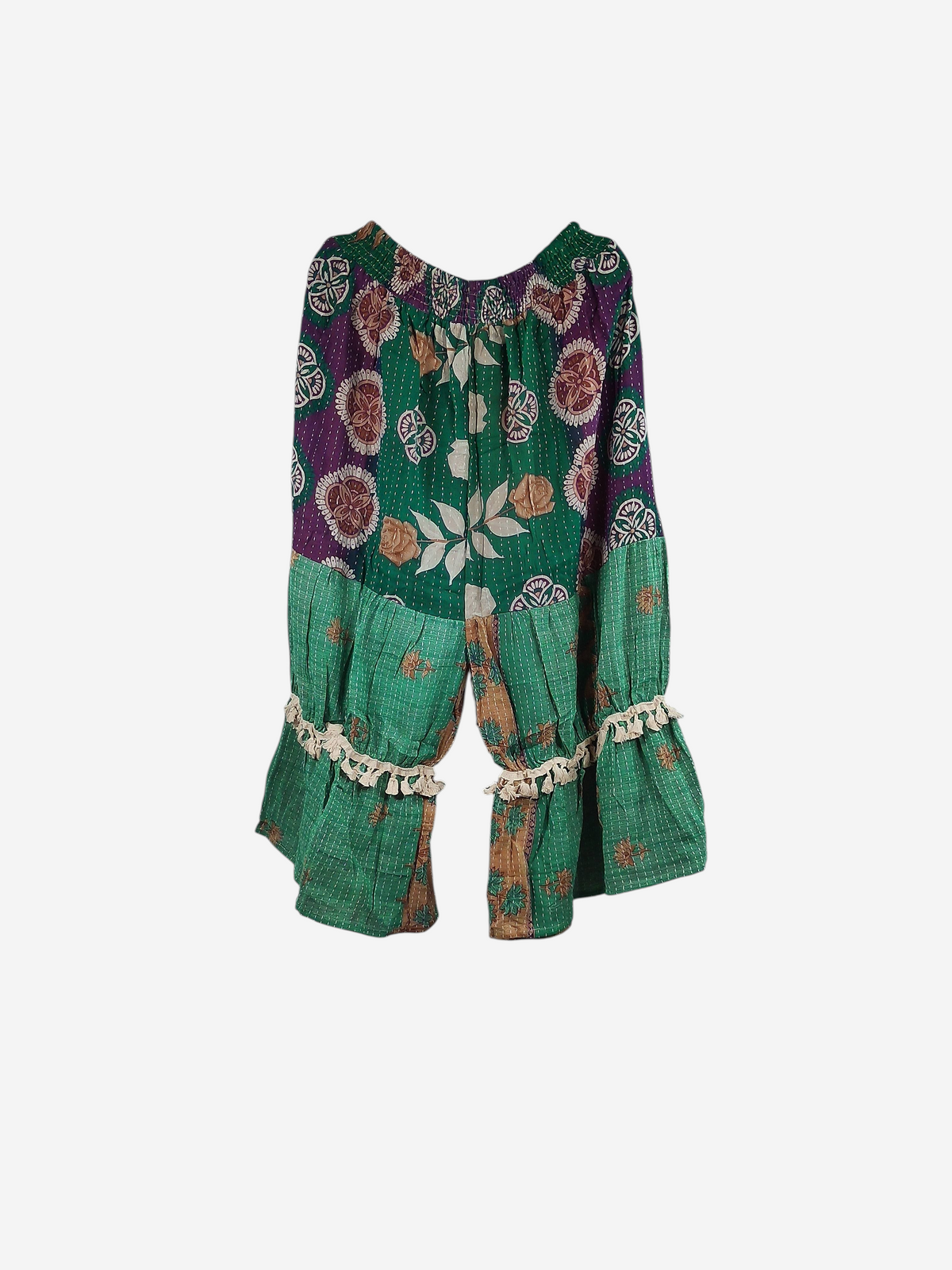 She Lives Beauty Heritage Whisper Kantha bloomers in green and purple vintage cotton sari fabric with tassel trim.