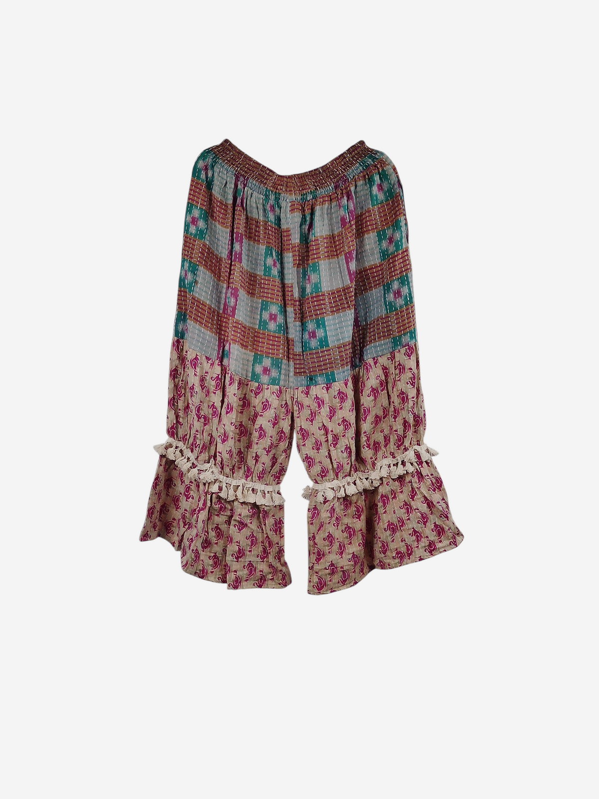 She Lives Beauty Heritage Whisper Kantha bloomers made from vintage cotton sari fabric with patchwork and tassel trim.