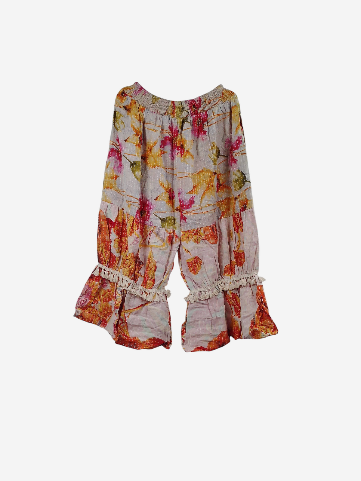 She Lives Beauty Heritage Whisper Kantha bloomers in floral vintage cotton with ruffled hems and hand stitching.