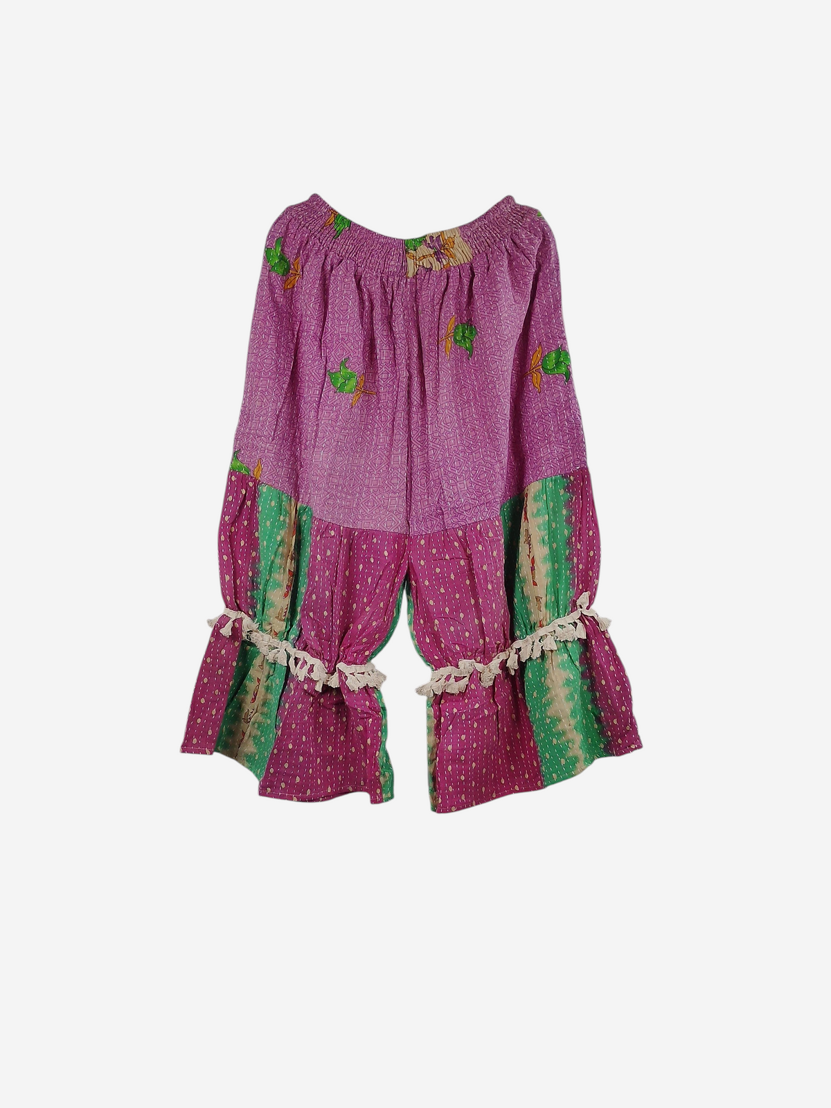 She Lives Beauty Heritage Whisper Kantha bloomers in pink and green vintage cotton with traditional hand stitching.
