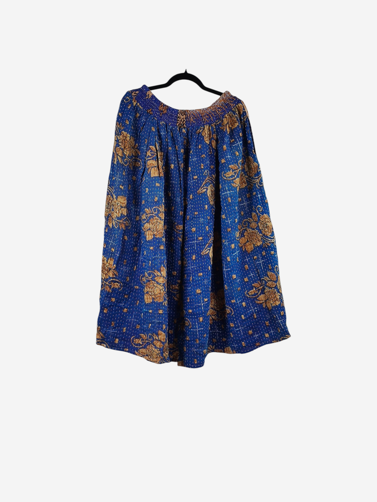 She Lives Beauty Pachuco Kantha capri pants in blue vintage cotton with gold floral patterns and pleated details