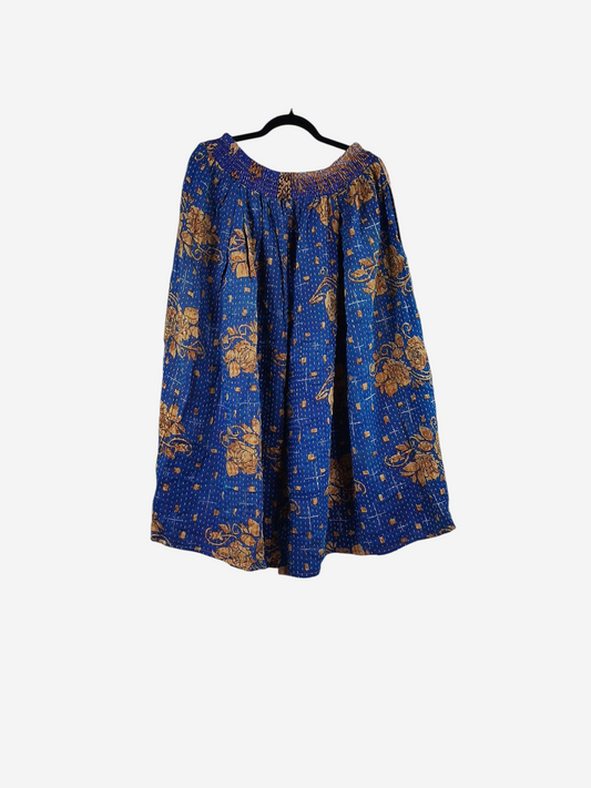 She Lives Beauty Pachuco Kantha capri pants in blue vintage cotton with gold floral patterns and pleated details