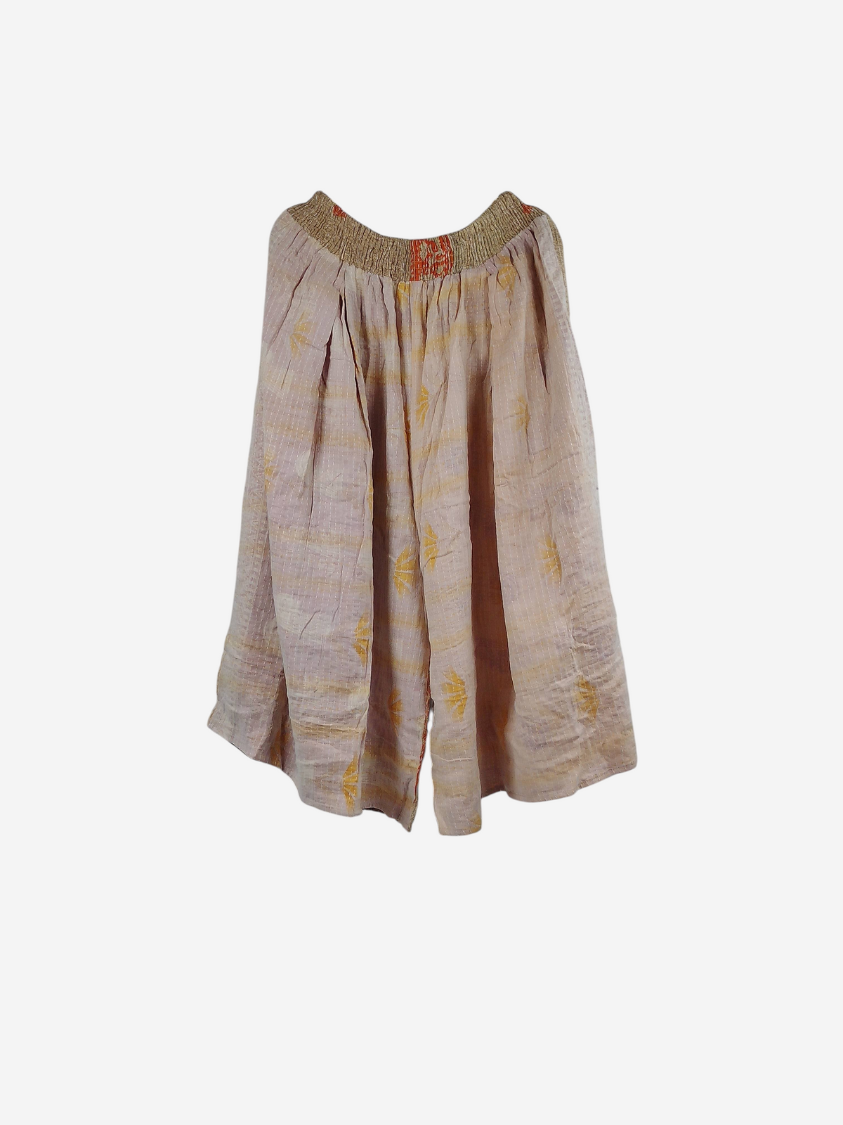 She Lives Beauty Pachuco Kantha capri pants in light pink vintage cotton with yellow floral patterns and pleated waist