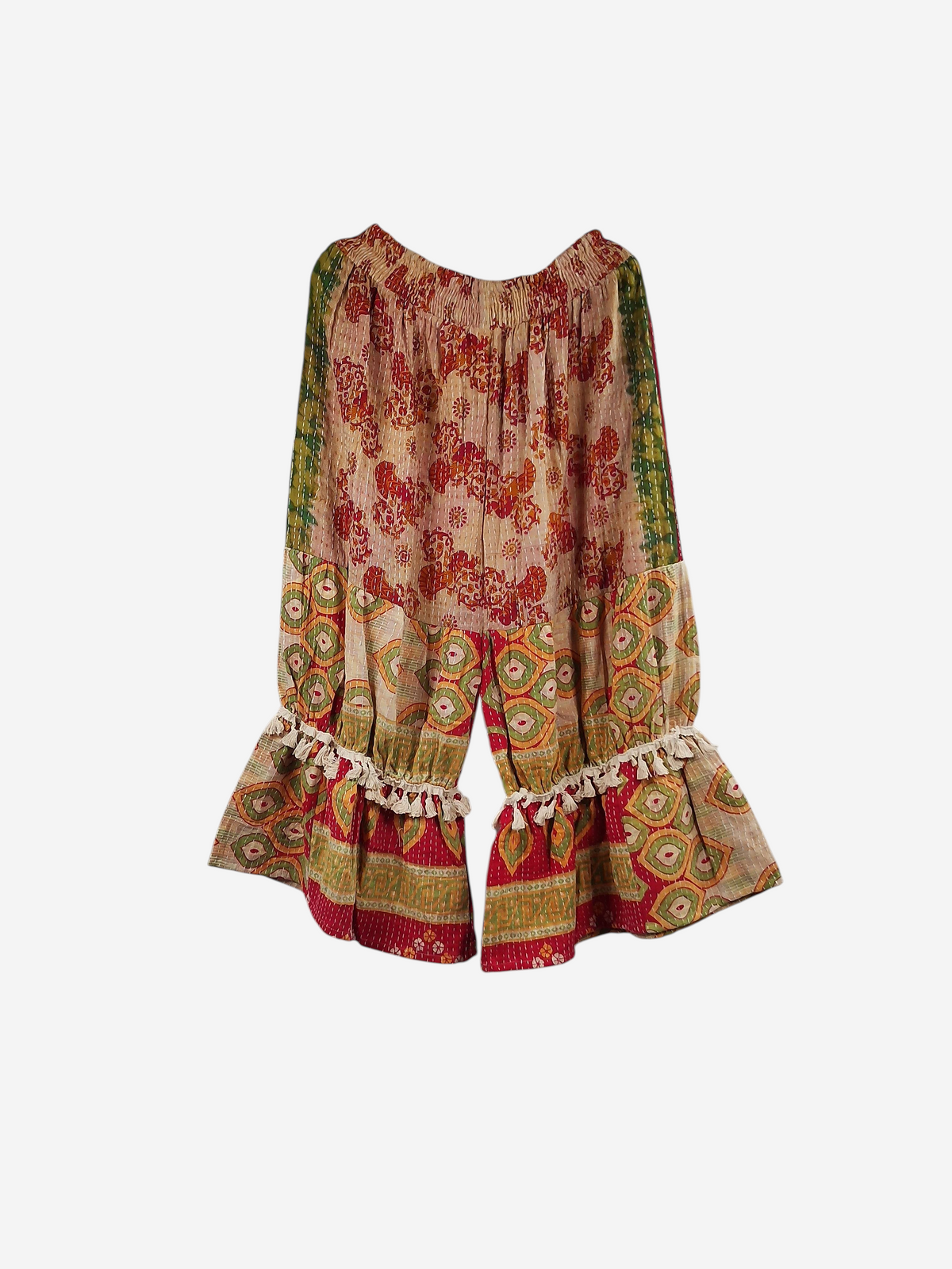 She Lives Beauty Heritage Whisper Kantha bloomers in vintage cotton sari fabric with colorful patchwork and tassels.
