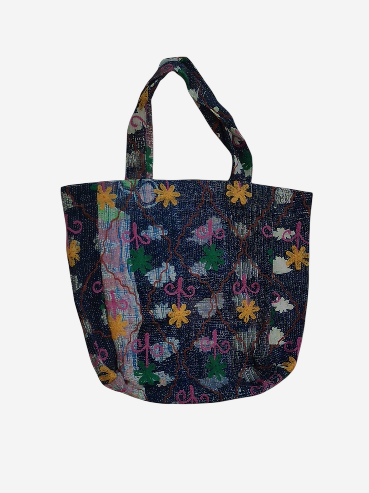 She Lives Beauty Soul Traveler Kantha Suzani bag featuring vintage patchwork cotton with floral embroidery