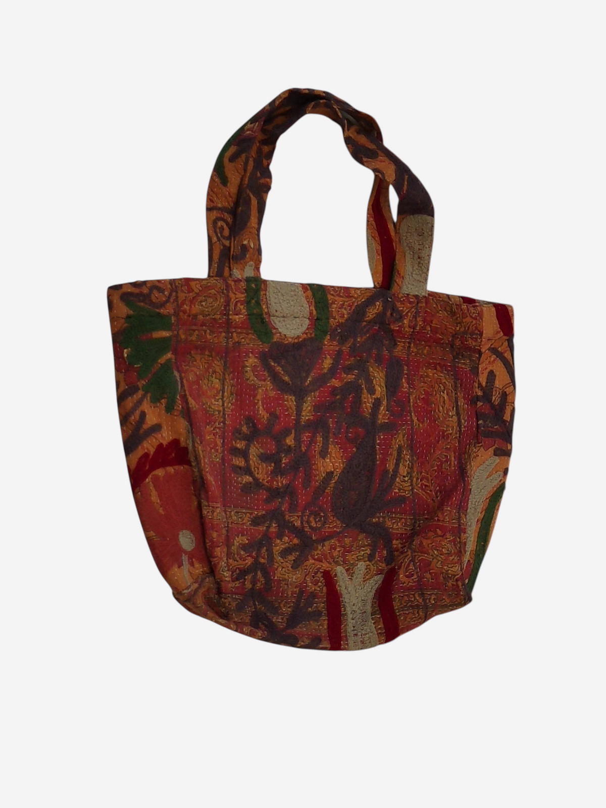 She Lives Beauty vintage Kantha and Suzani patchwork cotton tote bag with bohemian floral embroidery and warm tones.