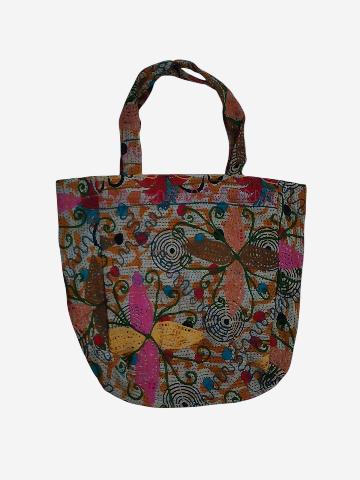 She Lives Beauty bohemian Kantha Suzani tote bag featuring colorful vintage patchwork embroidery on cotton fabric
