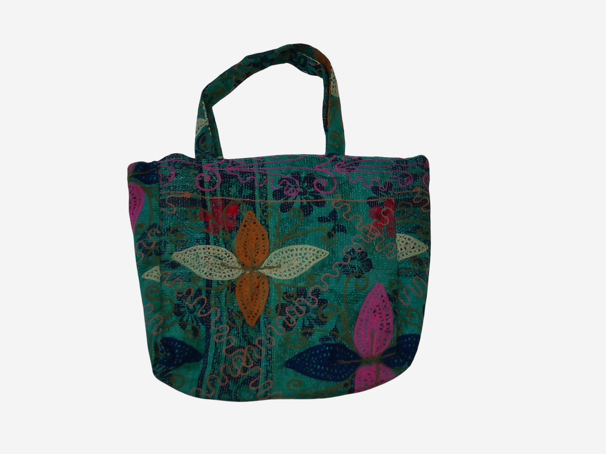 She Lives Beauty bohemian tote bag made from vintage green Kantha and Suzani patchwork cotton with floral embroidery