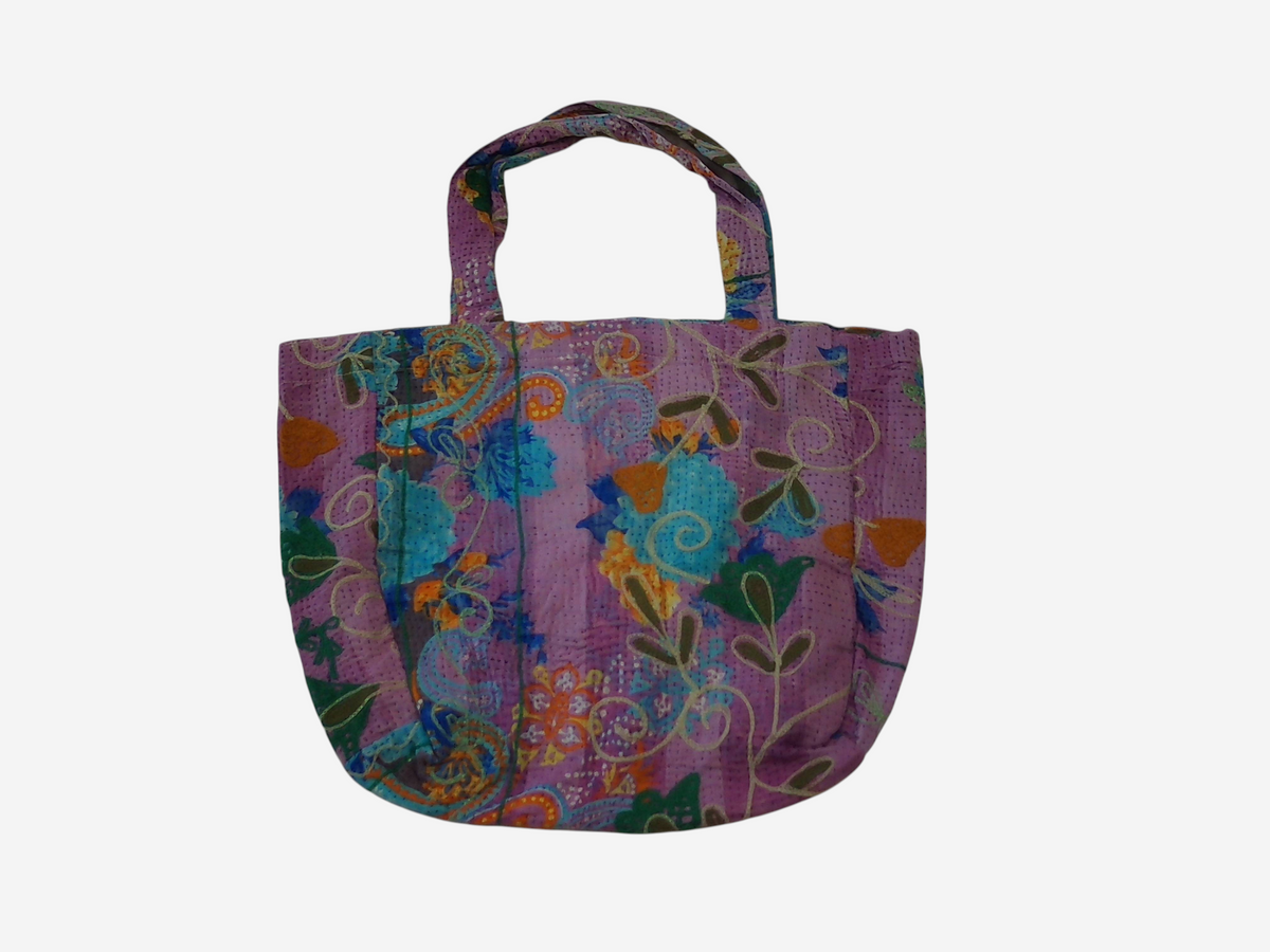 She Lives Beauty bohemian tote bag made from vintage purple Kantha and Suzani patchwork cotton textiles