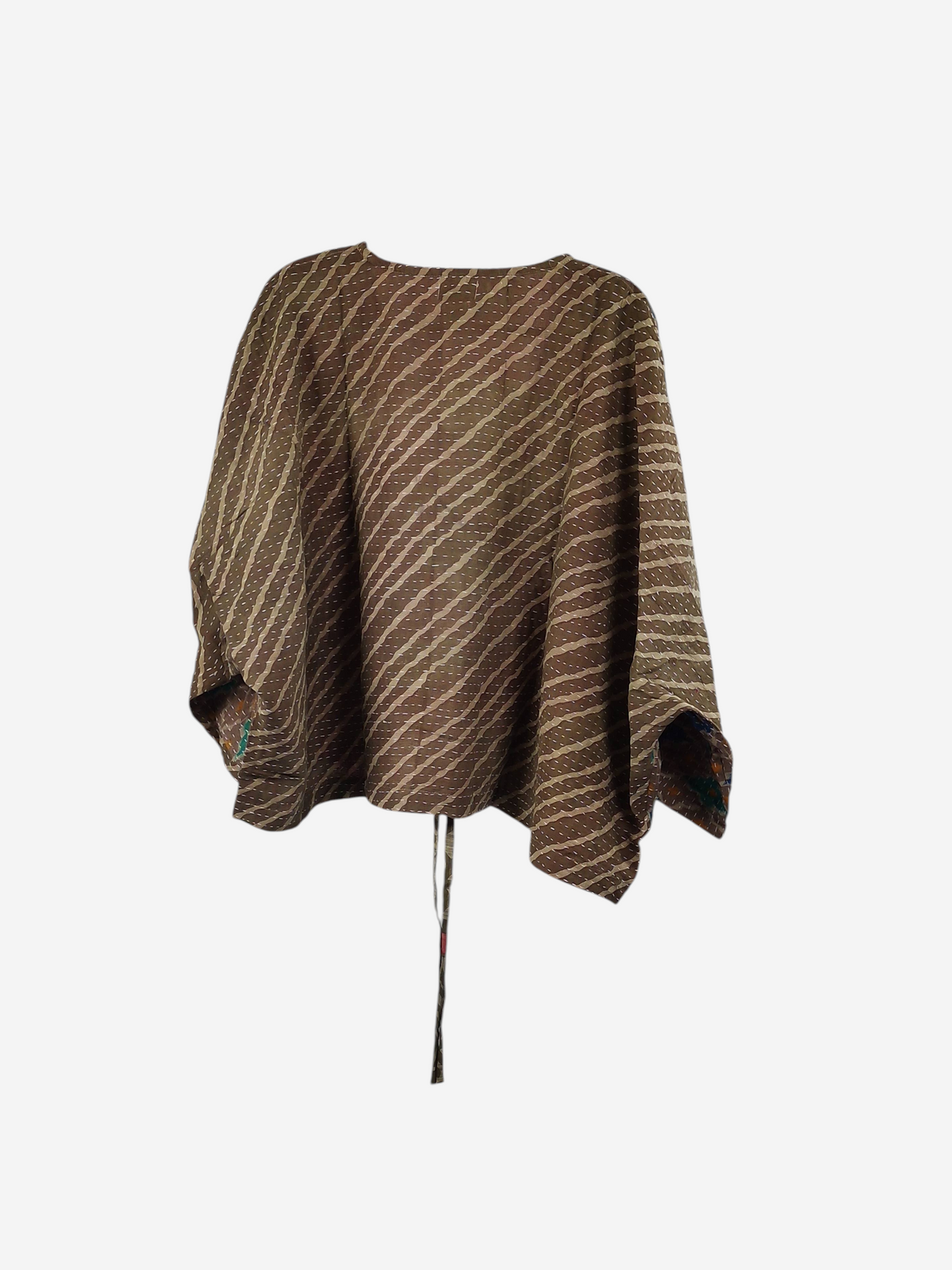 She Lives Beauty Sunrise Hana butterfly top in brown vintage cotton with diagonal stripes and kantha stitching
