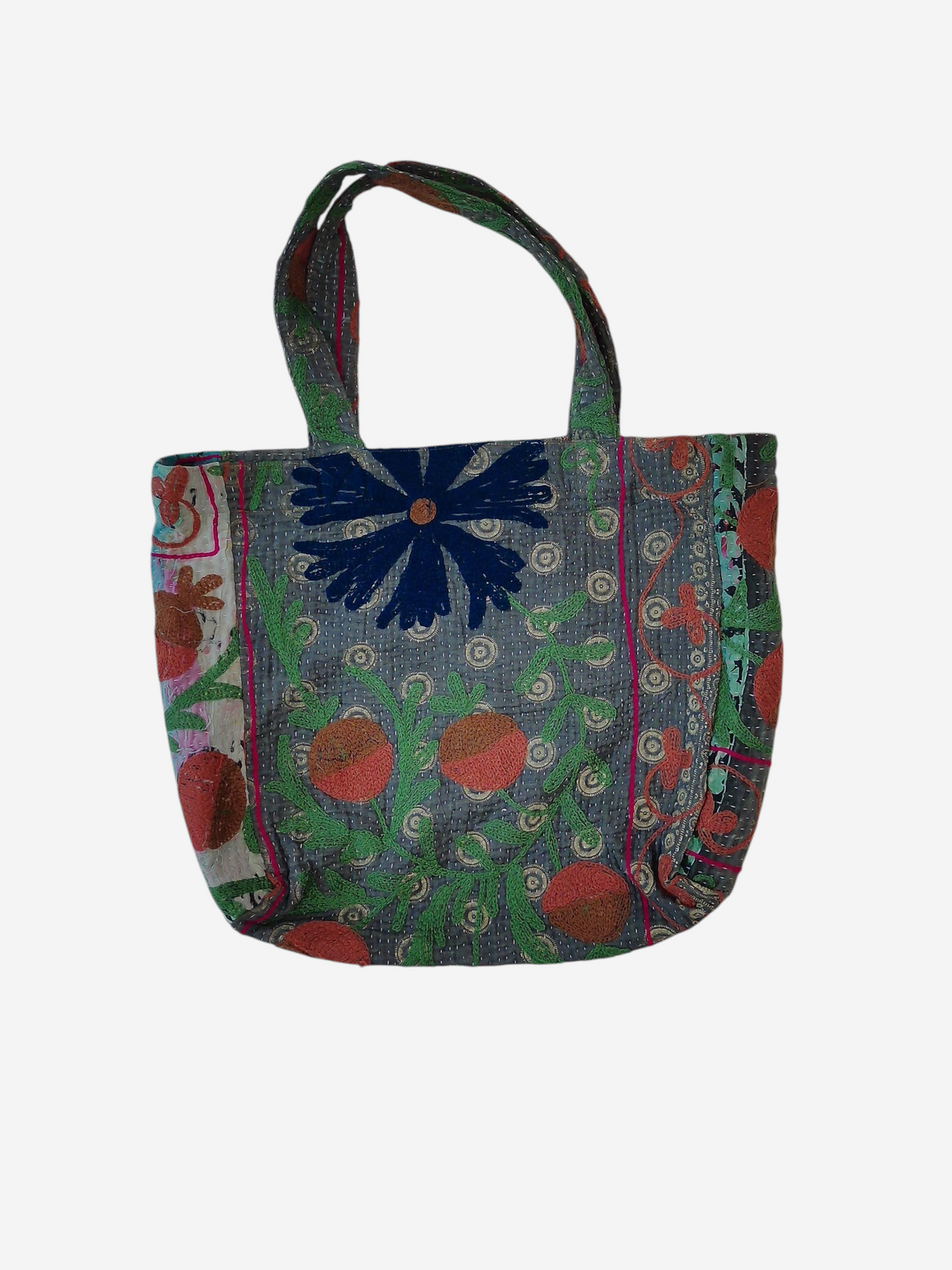 She Lives Beauty vintage Kantha and Suzani cotton tote bag with colorful floral embroidery and patchwork design