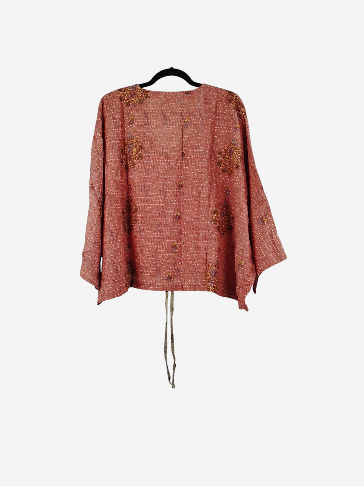 She Lives Beauty Sunrise Hana butterfly top in coral vintage kantha cotton with delicate hand-stitched embroidery.