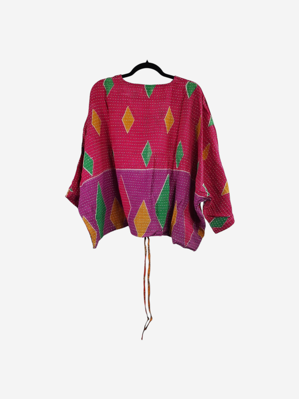 She Lives Beauty Sunrise Hana butterfly top in pink vintage cotton with yellow and green diamond kantha stitching.