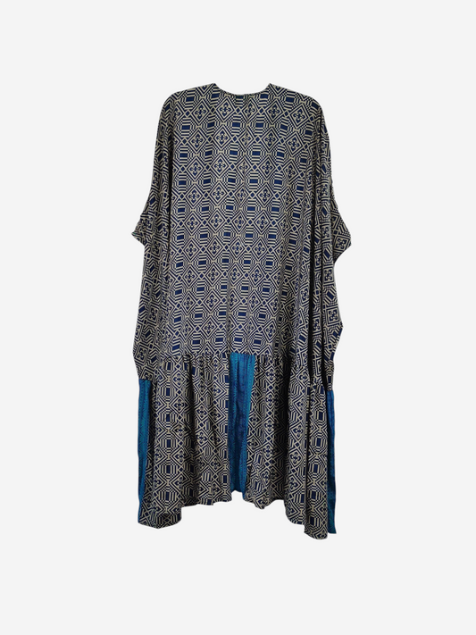 She Lives Beauty Winds of the Ancestors kimono in vintage blue and beige patterned rasgulla silk with a drop waist.