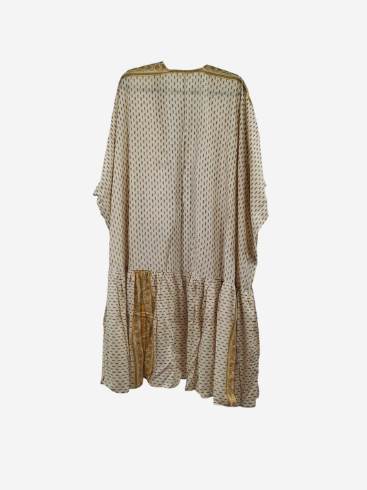She Lives Beauty Winds of the Ancestors kimono in cream and gold vintage rasgulla silk with a drop-waist silhouette.