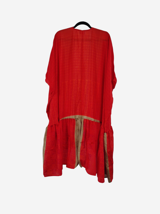 She Lives Beauty Winds of the Ancestors kimono in red vintage rasgulla silk with a relaxed flowing silhouette