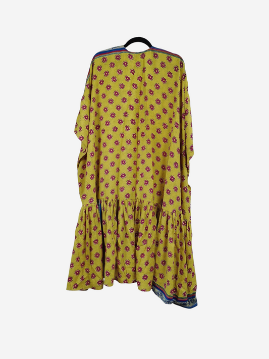 She Lives Beauty Winds of the Ancestors kimono in yellow vintage rasgulla silk with a pink sunburst pattern