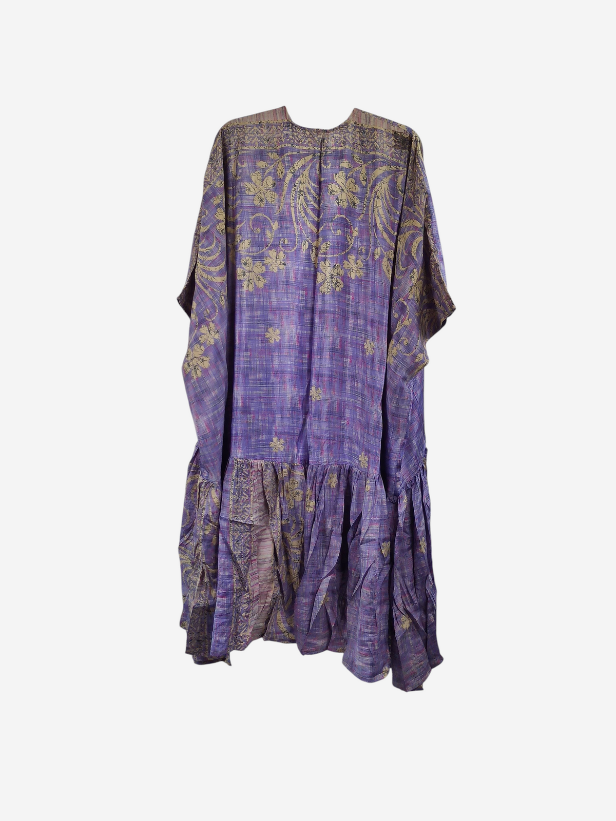 She Lives Beauty Winds of the Ancestors kimono in purple vintage Rasgulla silk with gold floral patterns