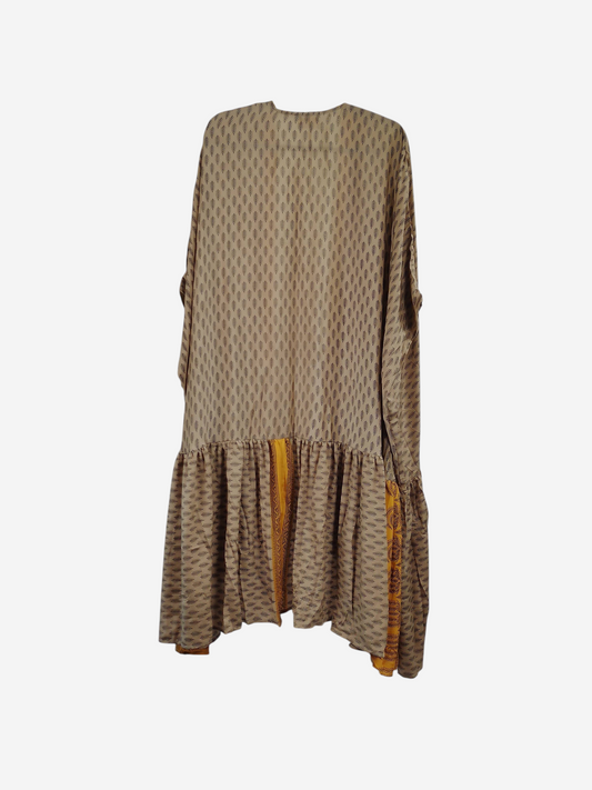 She Lives Beauty Winds of the Ancestors kimono in beige vintage Rasgulla silk with a delicate leaf pattern and ruffles