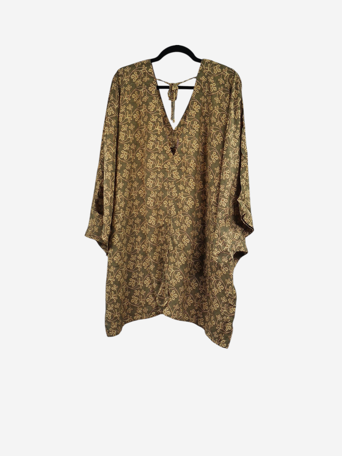 She Lives Beauty Moonflower Silk Oasis Top in olive green with a cream floral print and relaxed bohemian silhouette.