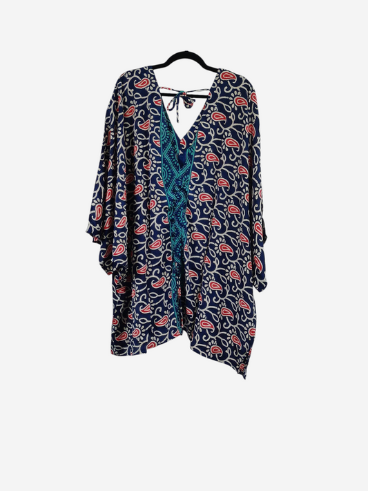 She Lives Beauty Moonflower Silk Oasis Top in navy blue with red and white paisley print and teal trim