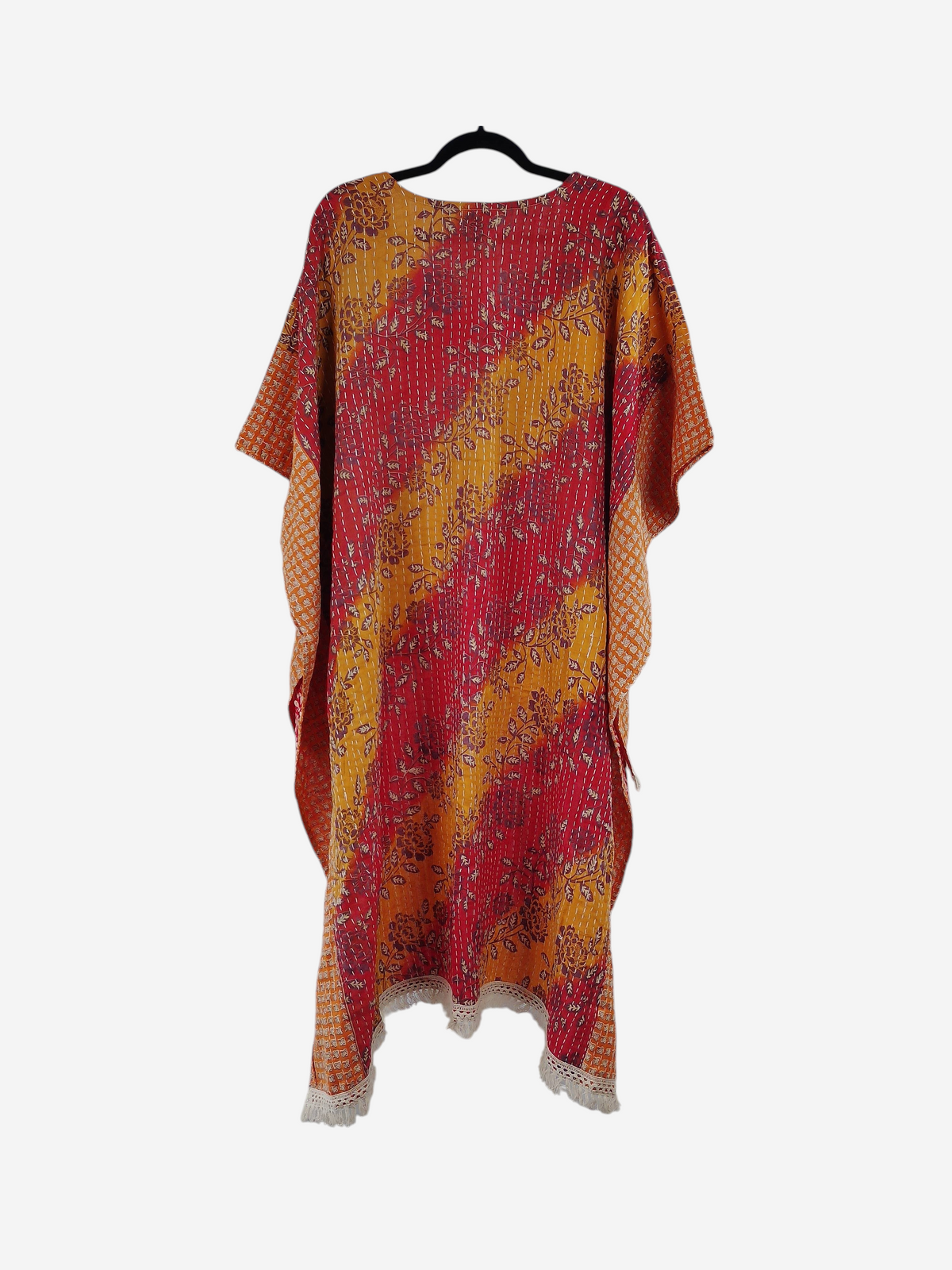 She Lives Beauty La Isla Bonita reversible kantha top in red and yellow vintage cotton with fringe detailing