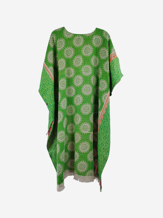 She Lives Beauty La Isla Bonita reversible kantha top in green vintage cotton with white circular patterns and fringe