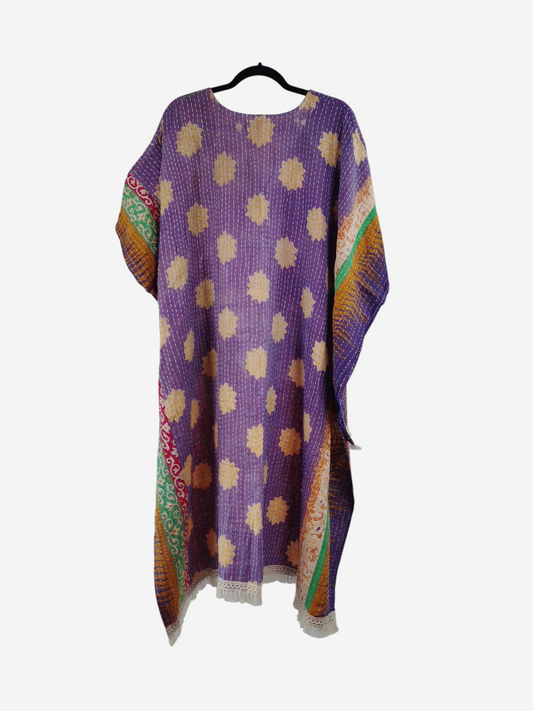 She Lives Beauty La Isla Bonita reversible kantha top in purple vintage cotton with floral patterns and fringe trim.