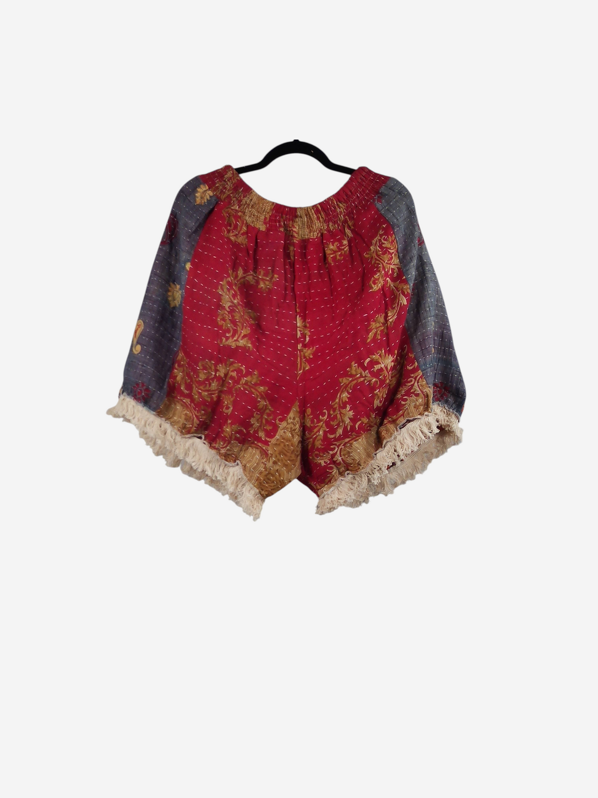 She Lives Beauty Alma Kantha fringe shorts in red and grey vintage cotton with intricate stitching and boho trim