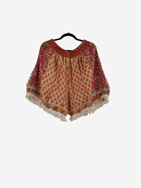 She Lives Beauty Alma Kantha fringe shorts in vintage cotton with pink and orange floral patterns and boho detailing.