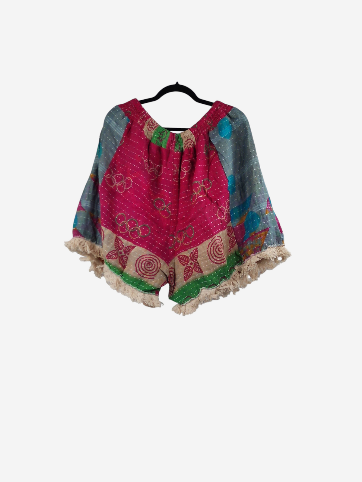 She Lives Beauty Alma Kantha fringe shorts in vibrant pink and multi-colored vintage cotton with boho patterns.