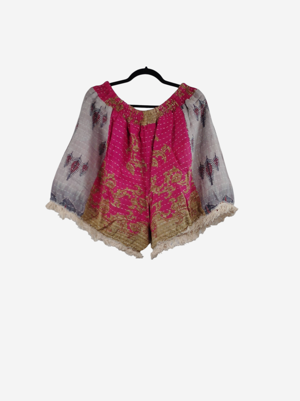 She Lives Beauty Alma Kantha fringe shorts in pink and grey vintage cotton with intricate stitching and boho trim