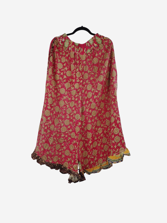 She Lives Beauty Laila capri ruffle pants in red floral vintage Kantha cotton with a relaxed bohemian silhouette.