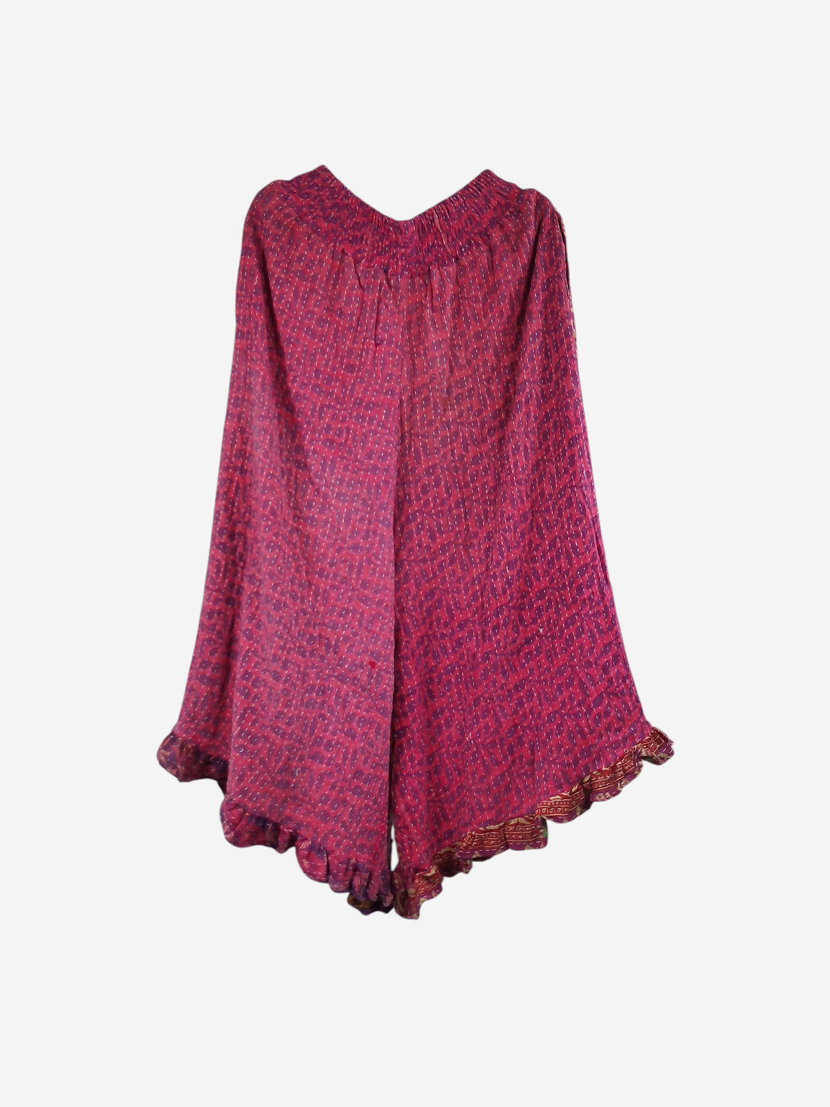 She Lives Beauty Laila capri ruffle pants in pink vintage kantha cotton with a relaxed fit and flared hem.