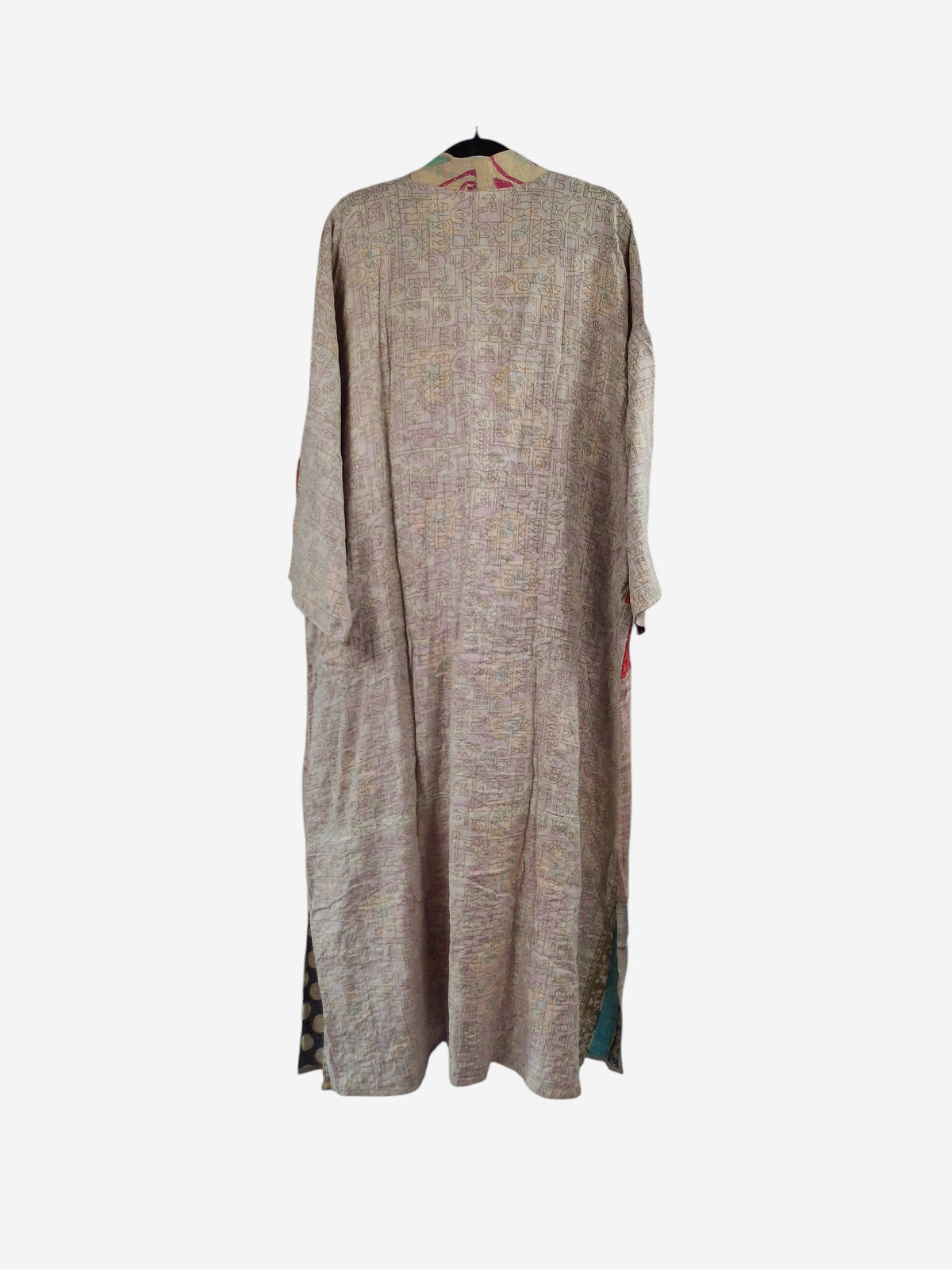 She Lives Beauty long vintage cotton kantha kimono in neutral tones with intricate hand-stitched patterns